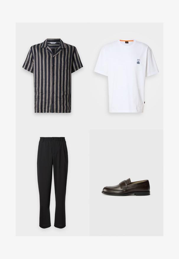 Marineblå kortermet skjorte med vertikale kremfargede striper, klippestripekrage, frontlomme og knappefeste, laget av lett og myk stoff.; Hvit bomulls T-skjorte med en liten blå logo og grafisk design på venstre bryst; løs passform med en klassisk rund hals.; Svarte bukser med elastisk midje, knappelukking og rett ben-design. Glatt stoff, uten synlige mønstre eller detaljer.; Calvin Klein Slippers - cocoa brown