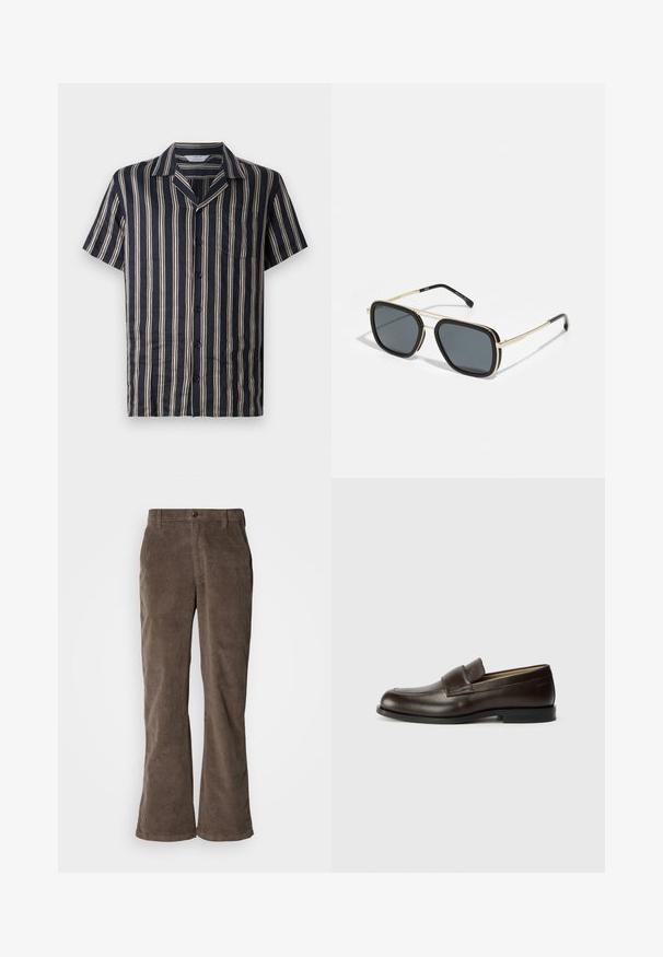 Camisa de manga curta azul-marinho com riscas verticais em creme, colarinho com corte, bolso frente e fecho por botões, feita de um tecido leve e suave.; Calças de corduroy castanhas com um design de perna larga, apresentando riscas verticais, fecho de botão e cintura padrão com passantes para cinto.; Calvin Klein Sapatos sem atacadores - cocoa brown; Óculos de sol pretos e dourados com formato quadrado, armação metálica, lentes cinza-escuras e ponteiras pretas. Apresenta um design de ponte dupla.