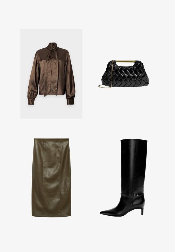 Hnědá saténová blůza s vysokým límcem a detailem mašle, s dlouhými rukávy a zapínáním na knoflíky, hladkou texturou a elegantním střihem.; Sukně v olivově zelené barvě z umělé kůže s hladkým povrchem, délka po kolena, s vertikálními švy pro přizpůsobený vzhled.; Černá kožená vysoká bota po kolena s špičatou špičkou a malým podpatkem. Obsahuje úzký pásek s kovovou sponou kolem kotníku. Hladký povrch.; Černá tkaná kožená kabelka se zlatým kovovým držadlem a odnímatelným řetízkem. Má lesklý povrch a měkký, zaoblený tvar.