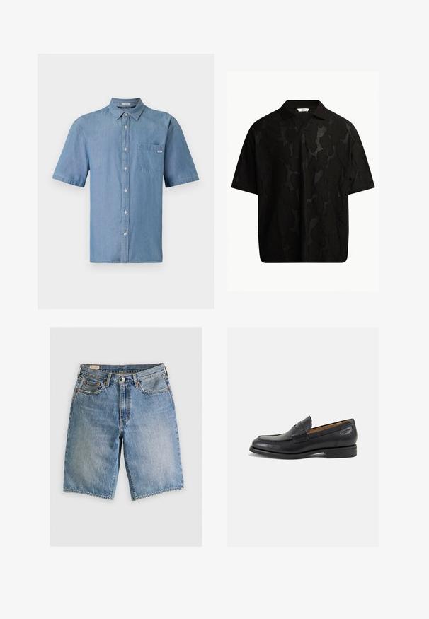 Kurzärmliges Button-Up-Hemd aus hellem Denim. Mit einer einzelnen Brusttasche und einem klassischen Kragen. Weiche Textur mit lässiger Passform.; Schwarzes Kurzarm-Polo-Shirt mit einem strukturierten, abstrakten Muster. Der Kragen ist flach und leicht geöffnet, was das entspannte Design unterstreicht.; Jeansshorts in Hellblau mit klassischem Schnitt. Verfügt über fünf Taschen, orangene Nähte und ausgefranste Säume.; Schwarze Leder Slipper mit glatter Oberfläche, runder Spitze und dekorativer Naht auf dem Vorderblatt. Niedriger Blockabsatz und leichter Glanz.
