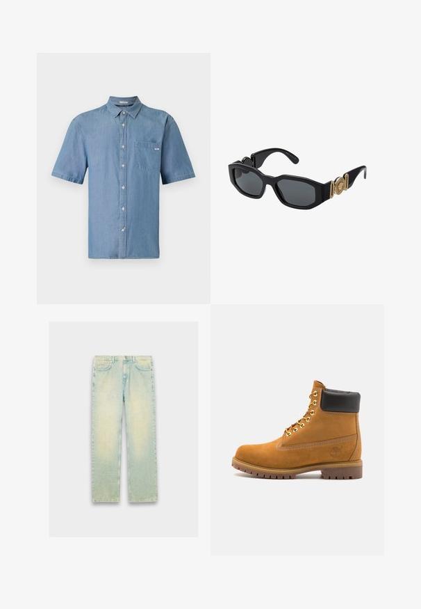Camisa de botão de mangas curtas em denim azul claro. Apresenta um único bolso no peito e um colarinho clássico. Textura suave com um ajuste casual.; Calças de ganga azul claro com um corte largo, apresentando cinco bolsos, fecho de correr e um acabamento desbotado ao longo das coxas e joelhos.; Botim de tornozelo em camurça bege com colarinho acolchoado preto, ilhós de metal dourado, detalhes de costura branca e sola de borracha robusta com sulcos pronunciados.; Óculos de sol pretos com uma armação geométrica robusta, lentes escuras e detalhes em metal dourado nas hastes, apresentando um emblema redondo.