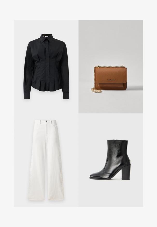 Crna košulja dugih rukava prilagođenog kroja s uređenim nabranjem ispod struka i ovratnikom obloženim zlatnim točkicama na crnoj tkanini.; Bijele traperice širokih nogavica s bočnim vezom i tradicionalnim dizajnom s pet džepova. Zatvaranje na zip s gumbom.; Crna kožna čizma do gležnjeva s glatkom teksturom, špicastim vrhom i debelim visokim potpeticama. Ima bočni otvor i minimalistički dizajn.; Smeđa kožna torba preko tijela s teksturom, zlatnim lančićem i preklopom na zatvaranju. Na prednjoj strani nalazi se detalj s potpisom i džep ispod preklopa.