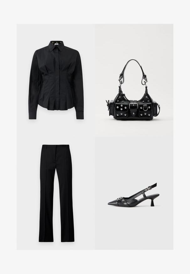 Črna dolga majica z dolgimi rokavi, prilegajoča, z strukturiranimi naborki pod pasom in ovratnikom, obloženim z zlatimi pikami na črni tkanini.; Črne hlače ravnega kroja iz gladkega materiala, z ravnim sprednjim delom, z passom za pas in brez vidnih žepov ali okrasnih elementov.; Črne usnjene sandale središnje zaponke z ostro konico, okrasnimi trakovi z kovinskimi očesi in nizko blokasto peto. Teksturirana površina.; Črna usnjena torbica s ukrivljenim dizajnom, ki vsebuje srebrne žebljičke, zaponko in dve stranski žepki. Nastavljiv trak za različne možnosti nošenja.
