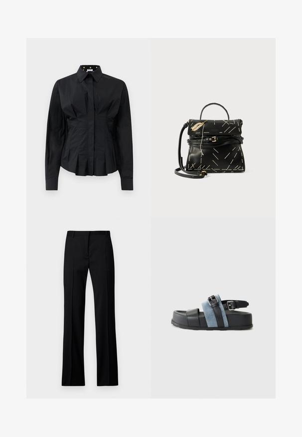 Black long-sleeve fitted shirt with structured pleats below the waist and a collar lined with gold polka dots on black fabric.; Black straight-leg trousers in smooth fabric, featuring a flat front, belt loops, and no visible pockets or embellishments.; Black and blue sandal with a thick platform, leather and denim material, adjustable buckle, and open-toe design.; Black leather handbag with geometric white stitching, a top handle, and a detachable shoulder strap. Features gold accents and a zip closure.