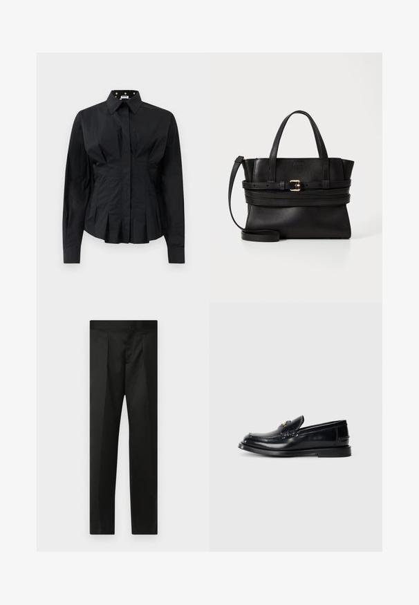 Juodas ilgas rankovės prigludęs marškinėliai su struktūriniais raukiniais po juosmeniu ir apykakle, išpuošta auksiniais taškais ant juodos medžiagos.; Juodos kelnės su lygiu audiniu, pritaikytu dizainu, tiesiomis kojomis ir plokščiu juosmeniu be matomų užsegimų ar kišenių.; Juodas odinis loafersas su siuvinėjimu, maža priekine skiltimi ir plokščiu guminiu padu. Lygus paviršius su aukso tono detalėmis.; Juodas odinis rankinukas su struktūrizuota forma, dviem viršutinėmis rankenomis, nuimamu dirželiu ir auksiniu užsegimu horizontalioje juostoje.