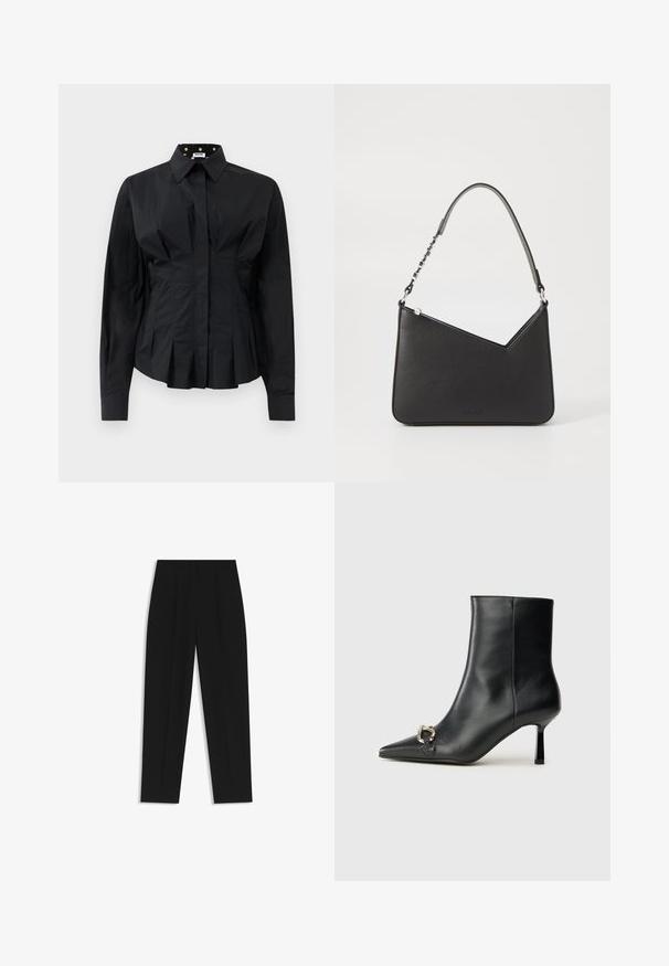 Zwarte fitted lange mouwen shirt met gestructureerde plooien onder de taille en een kraag gevoerd met gouden stippen op zwarte stof.; Zwarte broeken met een rechte pasvorm, voorzien van dubbele plooien, een zachte textuur en een klassiek taillebandontwerp. Geen zichtbare hardware of accenten.; Zwarte leren enkelboot met spitse neus, slanke middenhoge hak en zilveren gespdetail aan de zijkant op een effen achtergrond.; Zwart leren handtas met een driehoekige vorm, een slanke strap en zilveren hardware. Voorzien van een ritssluiting en een reliëflogo op de voorkant.