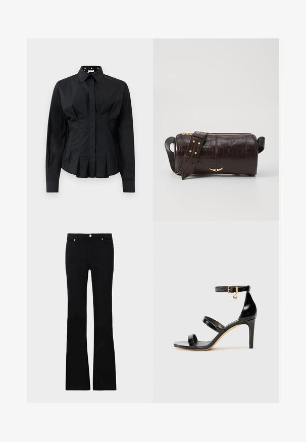 Černá dlouhá rukávová přiléhavá košile se strukturovanými záhyby pod pasem a límcem lemovaným zlatými puntíky na černém pozadí.; Černé zvonové džíny vyrobené z denimu, s dvěma předními kapsami, zapínáním na knoflík a hladkou strukturou. Na švech je viditelné charakteristické prošívání.; Černé lakované kožené sandály se třemi pásky, sponou na kotníku a 10 cm jehlovým podpatkem. Obsahují zlaté kovové detaily a logo přívěsek.; Hnědá kabelka z krokodýlí kůže s embosováním, cylindrického tvaru, se zlacenými kovovými prvky a odnímatelným popruhem se hroty.