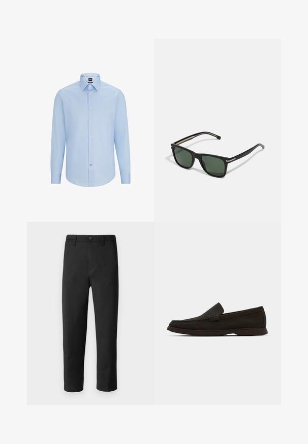 Svetlo modra, dolgosleeva srajca s kakovostnim ovratnikom, izdelana iz gladkega blaga. Ima bele gumbe na sprednji strani in manšetah.; Črne hlače s ravnim krojem, izdelane iz gladkega materiala. Imajo gumbe za zapiranje in zanke za pas. Brez vidnih vzorcev ali dodatkov.; Temno rjavi semiš čevlji brez vezalk z našitkom na prstih, nizkim gumijastim podplatom in teksturiranimi detajli na zgornjem delu.; BOSS Sončna očala - black