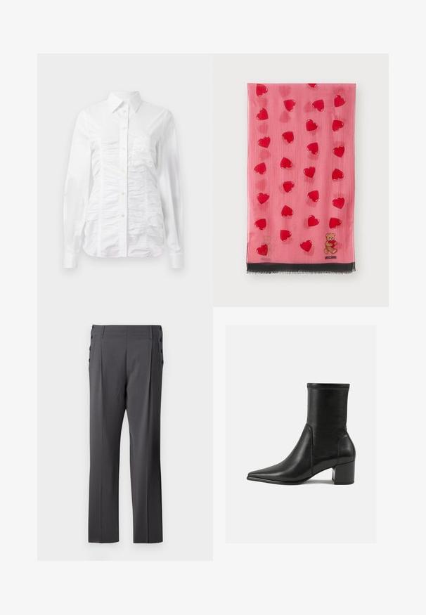 White button-up shirt with long sleeves, featuring a ruched texture across the front, small golden buttons, and a standard collar.; White long-sleeve turtleneck shirt made from a smooth, stretchy fabric. Features a snug fit and a high collar. No visible patterns or accents.; Gray tailored pants featuring a straight leg design, front pleats, and decorative side buttons for added detail. Smooth fabric texture.; Black ankle boot made of smooth leather, featuring a pointed toe, a block heel, and distinct raised stitching at the top edge.; Pink scarf featuring a pattern of transparent red hearts and a bear, with a black fringe and logo detail at the bottom edge.