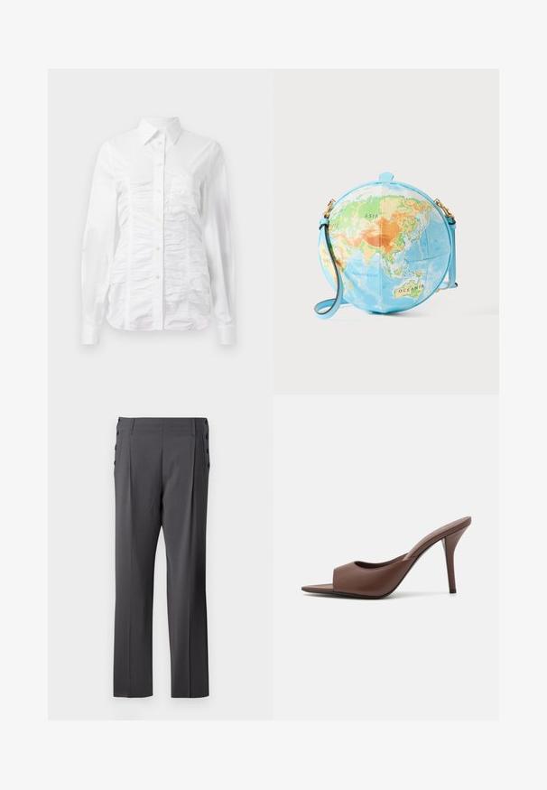 Cămașă albă cu un guler standard și mâneci lungi, având o textură plisată pe partea din față, cu nasturi mici aurii.; Pantaloni gri, ajustați, cu design drept, pliuri frontale și butoni decorativi pe laterale pentru un plus de detaliu. TEXTURA netedă a țesăturii.; Mule-uri din piele maro, cu vârf deschis și toc înalt, cu un design elegant, având o curea frontală lată și un toc subțire de tip stiletto.; Geantă rotundă tip crossbody, asemănătoare unui glob pământesc, cu bază albastru deschis și hartă detaliată în tonuri de verde, portocaliu și albastru; accente hardware aurii.