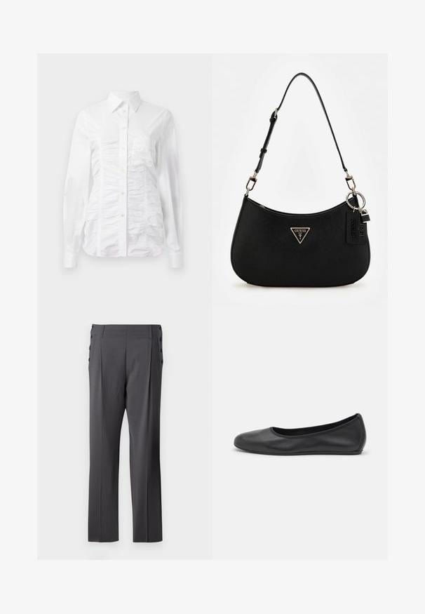 Weißes Hemd mit langen Ärmeln, das über eine geraffte Textur auf der Vorderseite, kleine goldene Knöpfe und einen klassischen Kragen verfügt.; Graue, maßgeschneiderte Hose mit geradem Bein, Vorderfalten und dekorativen Seitentasten für zusätzlichen Stil. Glatte Stoffstruktur.; Schwarze Leder-Ballettschuhe mit abgerundeter Spitze, glatter Textur, minimalen Nähdetails und einem flexiblen Sohlen-Design.; Schwarze synthetische Schultertasche mit geschwungenem Silhouette, strukturiertem Finish, goldenem Dreiecks-Logo und abnehmbaren Hardware-Akzenten.