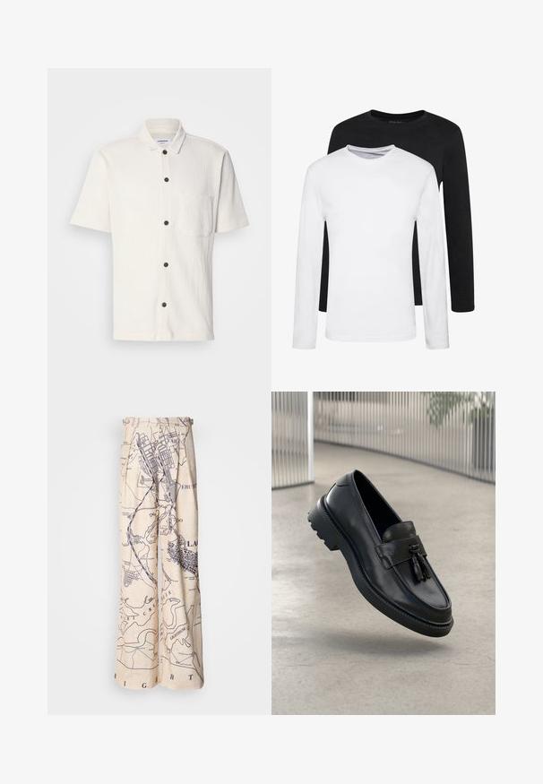 Balta trumpų rankovių marškiniai su tekstūruotu dizainu, priekiniai tamsiai rudi mygtukai ir viena krūtinės kišenė.; Du švarkai su ilgomis rankovėmis, vienas juodas ir vienas baltas, pagaminti iš medvilnės, su apvaliais iškirpimais ir lygiu paviršiumi, išdėstyti sluoksniuotai.; Plati kojinės, kurių dizainas remiasi žemėlapių raštu tamsiai mėlynos spalvos ant smėlio fono, su gurnų detalėmis juosmens srityje ir laisvu siluetu.; Juodi odiniai bateliai be užsegimo su lygiu paviršiumi, dekoratyvine kutu, stora guminė pado danga ir siūtais akcentais. Lengvi ir elegantiško dizaino.