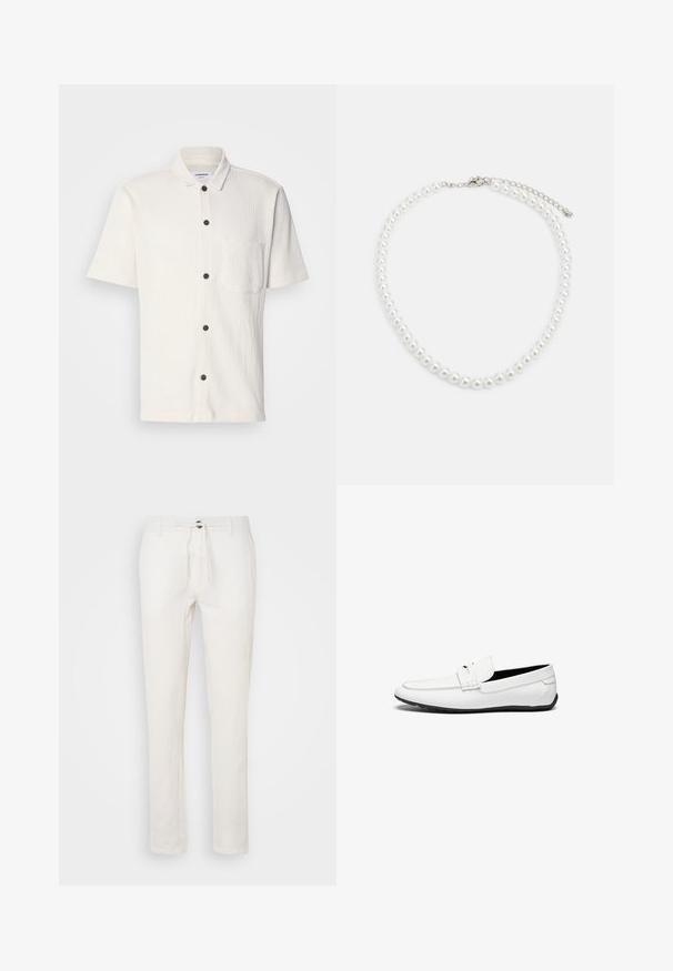 Bijela kratka majica s kratkim rukavima i teksturiranim dizajnom, prednji gumbi u tamnosmeđoj boji i jedna džep na prsima.; Bijele lanene hlače sa strukom na vezanje, ravnog kroja i suptilne teksture. Bez vidljivih džepova ili uzoraka.; Bijele kožne mokasine s glatkom završnom obradom, s prošivenim detaljem, okruglim vrhom i crnom gumenom potplatom za bolju prionbu.; Bijela biserna ogrlica s uniformnim okruglim oblikom, glatkom površinom i metalnom kopčom s produžnom lancem za podesivu duljinu.