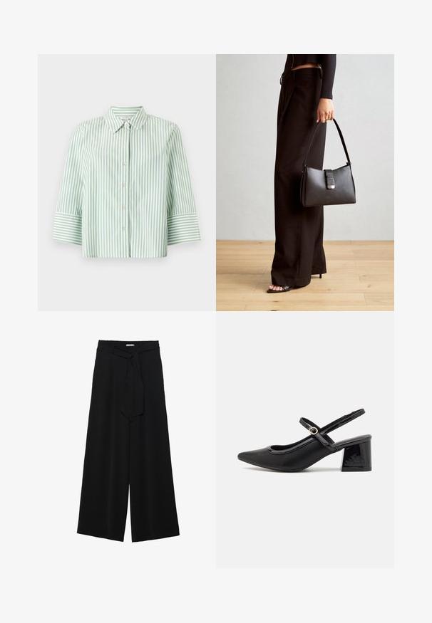 Light green and white striped shirt with a collared neckline, button-front closure, and three-quarter sleeves featuring striped cuffs.; Black wide-leg pants featuring a textured fabric, an elastic waistband, and a detachable sash tie at the waist for adjustable fit.; Black patent leather slingback heels with a pointed toe, a rounded cutout design, and a block heel. Features a gold-tone buckle accent.; Black handbag with structured shape, smooth texture, and a metallic clasp. Paired with wide black pants and open-toe sandals on wooden floor.