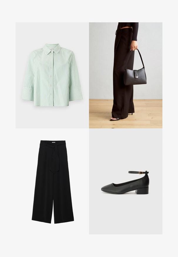 Šviesiai žalia ir balta dryžuota marškinė su apykakle, sagų uždarymu ir trijų ketvirčių rankovėmis, kurių rankogaliai taip pat dryžuoti.; Juoda plačių kojų kelnės, pagamintos iš tekstūruoto audinio, su elastingu juosmeniu ir atsegamu diržu juosmenyje, leidžiančiu reguliuoti dydį.; Juodas odinis aukštakulnis batelis su smailiu pirštu ir žemu bloku. Su kulkšnies dirželiu su auksinės spalvos sagtimi. Lygus paviršius.; Juodas rankinė struktūrizuota forma, lygi tekstūra ir metalinis užsegimas. Suporuota su plačiomis juodomis kelnėmis ir atvirais bateliais ant medinių grindų.