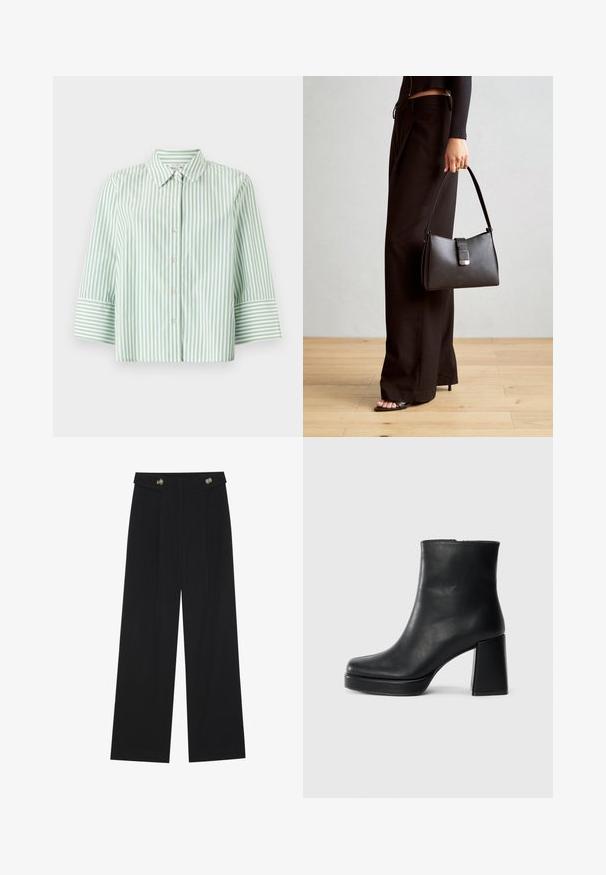 Vaaleanvihreä ja valkoinen raitapaita, jossa on kauluskotelo, nappi-edestä suljenta ja kolmanneksi neljännesosaksi hihat, joissa on raitayksityiskohdat.; Mustat leveälahkeiset housut, joissa on korkea vyötärö, napit vyötärönauhassa ja etupuolella laskokset.; Musta nahkasaapas nilkkapituisena, jossa on paksu korko ja alustapohja, nähtynä sivulta yksinkertaisella valkoisella taustalla.; Musta käsilaukku, jossa on rakenteellinen muoto, sileä pinta ja metallinen solki. Yhdistetty leveisiin mustiin housuihin ja avonaiheisiin sandaaleihin puulattialla.