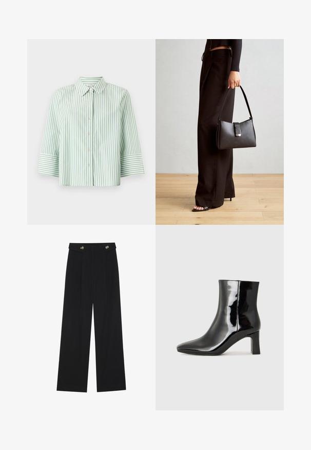 Light green and white striped shirt with a collared neckline, button-front closure, and three-quarter sleeves featuring striped cuffs.; Black wide-leg trousers with high waist, button details on waistband, and front pleats.; Black patent leather ankle boot with a pointed toe and a mid-height block heel. Smooth texture and minimalist design.; Black handbag with structured shape, smooth texture, and a metallic clasp. Paired with wide black pants and open-toe sandals on wooden floor.