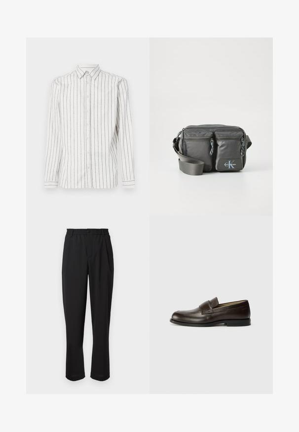 Biała koszula z długim rękawem w czarne pionowe paski, z kołnierzykiem zapinanym na guziki i guzikami z przodu. Miękka tkanina o gładkiej fakturze.; Czarne spodnie z elastycznym pasem, zapięciem na guzik i prostym krojem nogawki. Gładki materiał, bez widocznych wzorów czy akcentów.; Calvin Klein - Półbuty wsuwane; Szara nylonowa torba na ramię z dwoma zapinanymi na zamek przednimi kieszeniami, regulowanym paskiem i akcentem z logo. Gładka powierzchnia o nowoczesnym wzornictwie.