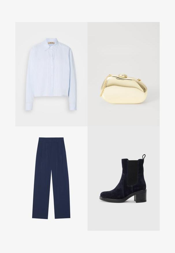 Light blue button-up shirt with a collared neckline, long sleeves, and vertical stitching accents down the front. Smooth fabric texture.; Navy blue wide-leg pants made of soft fabric, featuring front pleats, a smooth texture, and a straight fit with no visible pockets.; Navy blue suede ankle boot with elastic side panel, rounded toe, and block heel. Textured fabric and smooth sole add contrast.; Metallic gold clutch with a smooth, rounded shape, featuring a top button clasp and a small chain strap for carrying.