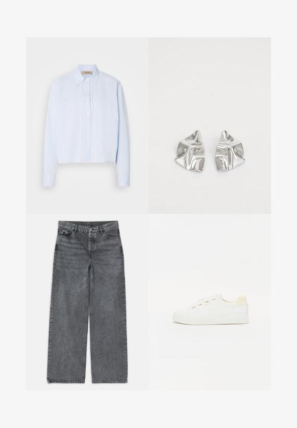 Lyseblå skjorte med krage, lange ermer og vertikale sømmer foran. Glatt stofftekstur.; Bredde ben jeans i mørkegrå denim. Har høyt liv, fem lommedesign og frontlukking med knapp. Glatt tekstur med subtil fading.; Hvit sneaker med overdel i canvas, rund tå og flat gummisåle. Har gullfargede snøringer og en lys beige hælakkent.; Sølvmetall øredobber med et bølgete, skulpturelt design, preget av en polert finish og uregelmessige former, som fremhever en moderne estetikk.