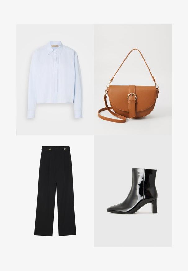 Light blue button-up shirt with a collared neckline, long sleeves, and vertical stitching accents down the front. Smooth fabric texture.; Black wide-leg trousers with high waist, button details on waistband, and front pleats.; Black patent leather ankle boot with a pointed toe and a mid-height block heel. Smooth texture and minimalist design.; Brown leather crossbody bag with a curved shape, gold hardware, and a buckle accent. Features a detachable shoulder strap.