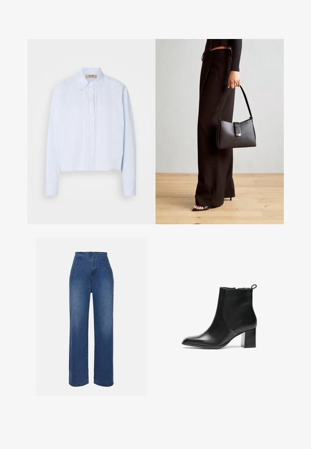 Šviesiai mėlynas marškiniai su apykakle, ilgomis rankovėmis ir vertikaliomis siūlėmis iš priekio. Lygus audinio tekstūra.; Aukštos liemens džinsai, vidutinio mėlynumo. Yra priekiniai mygtukų akcentai ir plati kojų forma. Audinys turi lygią tekstūrą su lengvu apdailos nusidėvėjimu.; Juodos odinės aulinės botai su apvalia nosimi, vidutinio aukščio blokuotais kulnais ir kilpeliu gale. Lygi tekstūra, minimalistinis dizainas.; Juodas rankinė struktūrizuota forma, lygi tekstūra ir metalinis užsegimas. Suporuota su plačiomis juodomis kelnėmis ir atvirais bateliais ant medinių grindų.