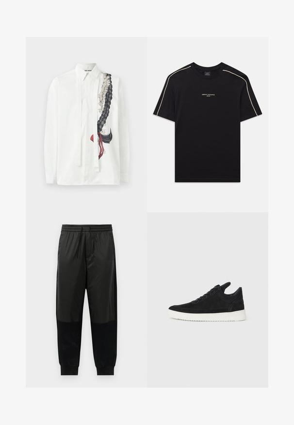 Balta ilgomis rankovėmis marškiniai su juoda pintine ir gėlių raštu silpnose tonos, su plonomis juostelėmis palei priekinius sagų. ; Juodas medvilninis marškinėliai su trumpomis rankovėmis, apvaliu kaklu, šviesiai rudos spalvos siūlėmis ant pečių ir ARMANI EXCHANGE logotipu viduryje.; Juodos sportinės kelnės, pagamintos iš sklandžių ir tekstūruotų audinių, su elastinga juosmens juosta ir raišteliu, bei siaurėjančiomis rankovėmis.; Juodų suede sportbačių su balta gumine padu, su toniniais siuvinėjimais ir raištelių užsegimu. Sklandus paviršius su šiuolaikine, laiko forma.