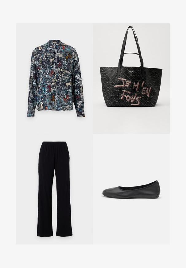 Zijde shirt met een hoge kraag, met een donkerblauwe basis en kleurrijke vlinder- en abstracte patronen. Lange mouwen.; Zwarte, lichte, elastische taillebroek met een rechte pijpdesign. Zachte textuur zonder zichtbare patronen of accenten. Eenvoudige en veelzijdige stijl.; Zwarte leren ballerina met een ronde neus, gladde textuur, minimale stikdetails en een flexibele zoolontwerp.; Zwarte tote bag van gestructureerd materiaal met een diamanten patroon, schouderbanden en vetrode en witte tekst met de tekst "JE M'EN FOUS."