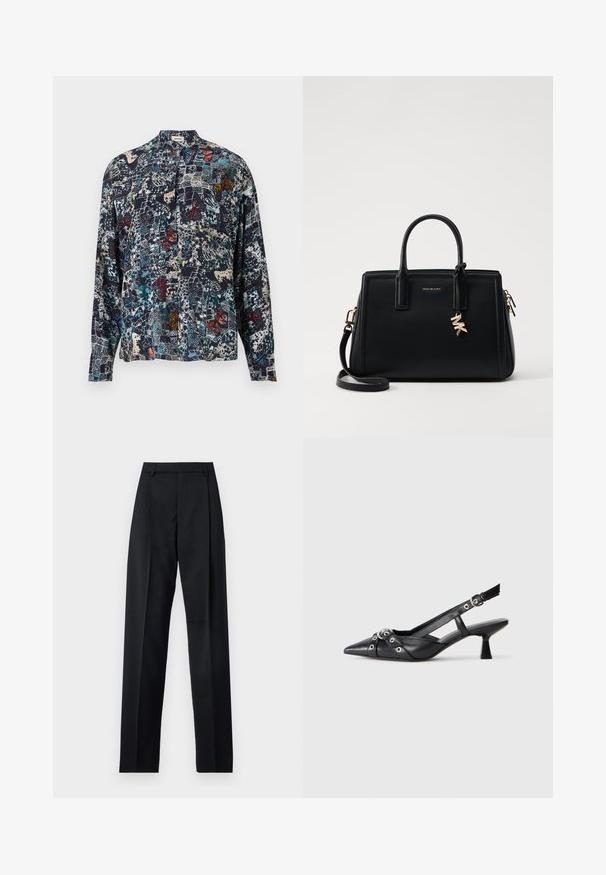 Jedwabna koszula z wysokim kołnierzem, w ciemnoniebieskiej kolorystyce, zdobiona wielokolorowymi wzorami motyli oraz abstrakcyjnymi grafikami. Długie rękawy.; Czarne spodnie wykonane z gładkiego materiału, z wysokim stanem, szerokimi nogawkami, fałdami z przodu i klasycznymi szlufkami na pasek. Brak widocznych kieszeni bocznych.; Czarne skórzane buty typu slingback z ostrym noskiem, ozdobnymi paskami z metalowymi oczkami oraz niskim klinowym obcasem. Teksturowana powierzchnia.; Czarna skórzana torebka o strukturalnym designie, z dwiema górnymi uchwytami, odpinanym paskiem na ramię, złotymi akcesoriami i zawieszką z logo.