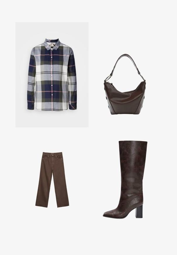 Košile na knoflíky ze směsi bavlny. Vícebarevný kostkovaný vzor v námořnické modré, šedé, zelené a růžové barvě. Obsahuje klasický límec a dlouhé rukávy.; Hnědé džíny s širokými nohavicemi vyrobené z denimu, s vysokým pasem, předními kapsami a klasickým zapínáním na knoflík. Hladká textura s jemným švem.; Hnědé kožené sálové boty po kolena s špičatou špičkou, texturovaným povrchem a robustním černým podpatkem. Hladký povrch, minimální zdobení.; Tmavě hnědá kožená kabelka s oblým tvarem, na zip a s krátkým uchopovacím držadlem. Obsahuje kovové detaily a dekorativní černé knoflíky po stranách.