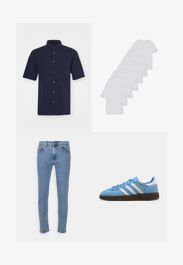 Dark navy short-sleeve shirt made of fabric with a smooth texture. Features a classic collar, button front, and a chest pocket.; White cotton T-shirts, short sleeves, crew neck design, plain texture, stacked in a row, with subtle branding at the neckline.; Light blue slim-fit jeans with front button and zipper, front and back pockets, displayed on white background.; Light blue suede sneakers with white leather stripes, a brown textured sole, and gold logo detail. Low-top design with rounded toe.