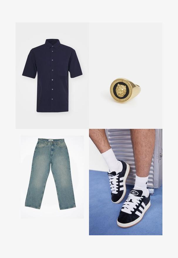 Camicia corta blu scuro realizzata in un tessuto dalla texture liscia. Presenta un colletto classico, chiusura con bottoni e una tasca sul petto.; T-shirt bianco a maniche corte realizzato in cotone morbido. Presenta un collo a giro e una vestibilità rilassata, con una texture liscia e un design semplice e privo di decorazioni.; Jeans in denim azzurro chiaro con vita alta e vestibilità ampia. Presentano tasche frontali, zip e dettagli di cucitura in evidenza.; Sneakers in suede nero con lacci bianchi e tre strisce bianche. Presentano un logo circolare nero sulla linguetta e una suola in gomma color gomma.; Anello dorato con un motivo di leone in rilievo su sfondo nero, incorniciato da una banda circolare incisa con il nome del marchio.