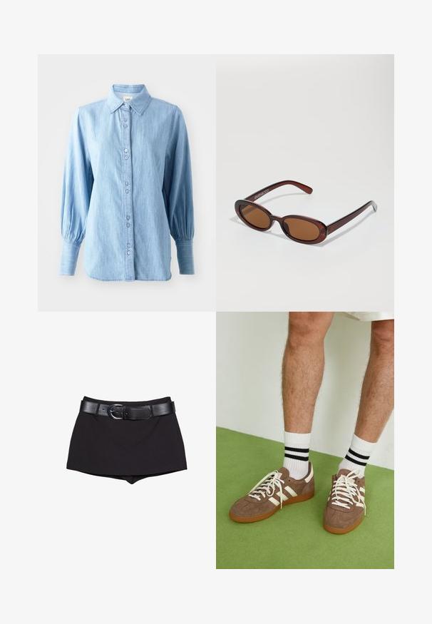 Lys blå denimskjorte med krave, knaplukning foran og lange pufærmer. Har en subtil tekstur og matchende knapper.; Sorte shorts med en glat overflade, der har et bredt sort bælte og en sølv spænde, skåret i et tætsiddende design med en let høj talje.; Brune ruskind sneakers med hvide detaljer og snørebånd. Gummisål i naturgummi. Båret med hvide sokker med sorte striber. Grøn struktureret gulv.; Runde, bruntonede solbriller med en glansfuld bordeauxramme. Slanke arme med diskret brandingdetalje. Flad linsedesign.