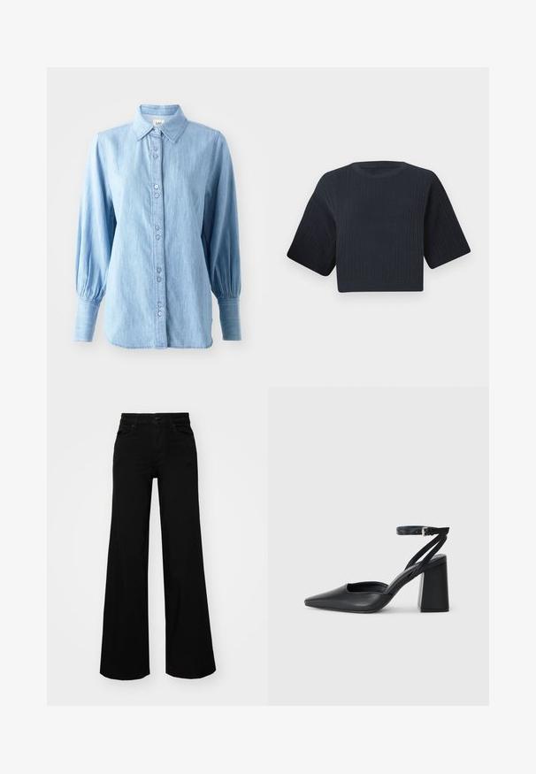 Jasnoniebieska koszula dżinsowa z kołnierzykiem, z zapięciem na guziki z przodu oraz długimi, bufiastymi rękawami. Posiada subtelną teksturę i dopasowane guziki.; Ciemnogranatowy krótkowłosy sweter dzianinowy z prążkowaną teksturą, szerokimi krótkimi rękawami i okrągłym dekoltem. Prosty design, brak widocznych wzorów lub akcentów.; Czarne szerokie spodnie dżinsowe z usztywnionym pasem, szlufkami na pasek i kieszeniami z przodu. Gładka faktura o klasycznym fasonie.; Czarne skórzane czółenka z ostrym noskiem, z paskiem na kostce i grubym obcasem. Gładka faktura, elegancki design i minimalistyczna estetyka.