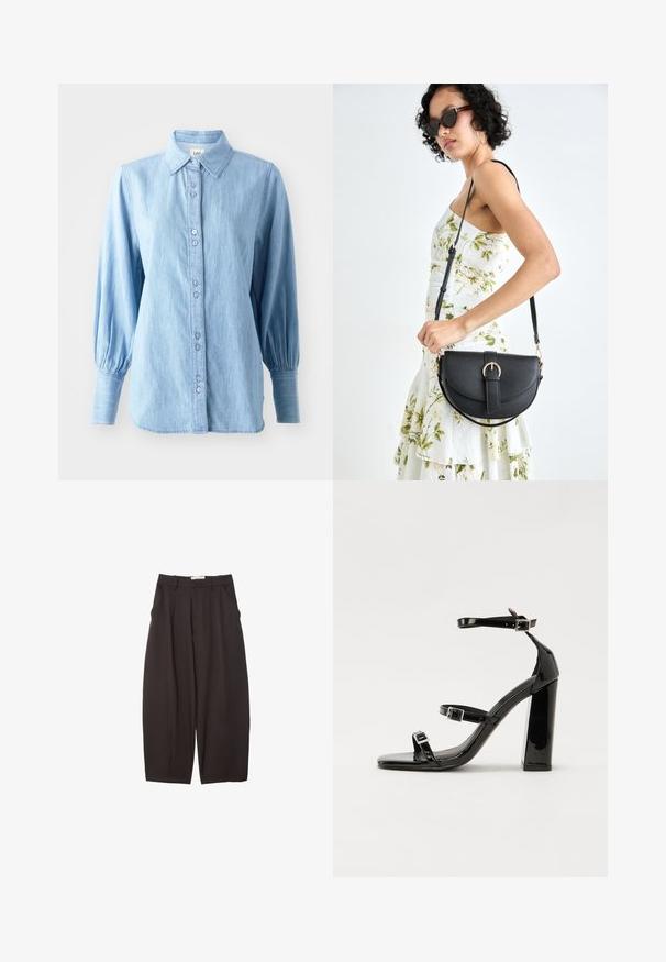 Jasnoniebieska koszula dżinsowa z kołnierzykiem, z zapięciem na guziki z przodu oraz długimi, bufiastymi rękawami. Posiada subtelną teksturę i dopasowane guziki.; Czarne spodnie o szerokich nogawkach wykonane z gładkiego materiału, z wysokim stanem, plisami z przodu i bocznymi kieszeniami. Prosty fason bez zdobień.; Czarne lakierowane sandały na wysokim obcasie, z dwoma paskami zapinanymi na klamry, kwadratowy nosek i masywny obcas typu słupek, o gładkiej, błyszczącej fakturze.; Czarna skórzana torebka o zakrzywionym kształcie, z odpinanym paskiem i złotymi akcentami. Torebka posiada klapę z zapięciem w kształcie klamry.