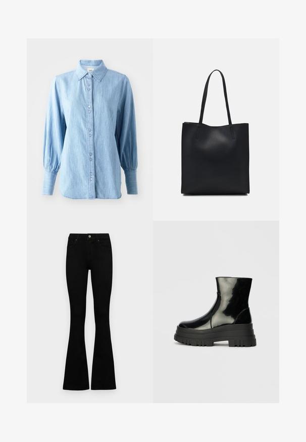 Jasnoniebieska koszula dżinsowa z kołnierzykiem, z zapięciem na guziki z przodu oraz długimi, bufiastymi rękawami. Posiada subtelną teksturę i dopasowane guziki.; Czarne, wysokie dżinsy z guzikem i zamkiem błyskawicznym, z przednimi kieszeniami i rozszerzanymi nogawkami, leżące płasko na białym tle.; Czarne błyszczące botki sięgające kostki z grubą podeszwą i zaokrąglonym czubkiem, widok z boku na jednolity jasnoszary tle.; Czarna skórzana torba tote o gładkiej fakturze, prostokątnym kształcie i dwóch długich uchwytach. Brak widocznych elementów metalowych i ozdób.