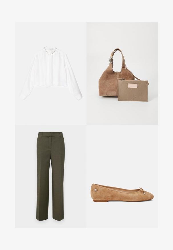 sandro ANGELINE - Bluza - ecru; Maslinaste zelene krojene hlače od teksturirane tkanine. Imaju ravne nogavice s ravnim prednjim dijelom i bez vidljivih ukrasa.; Bež suède baletanke s blagim šiljastim vrhom, akcentom u obliku mašnice na prednjem dijelu i malim metalnim logotipom na peti. Ravni potplat.; Smeđi nubuk torbica sa zaobljenim oblikom i kratkom ručkom. Ima uklonjivu svijetlosmeđu kožnu torbicu s patentnim zatvaračem i logotipom.