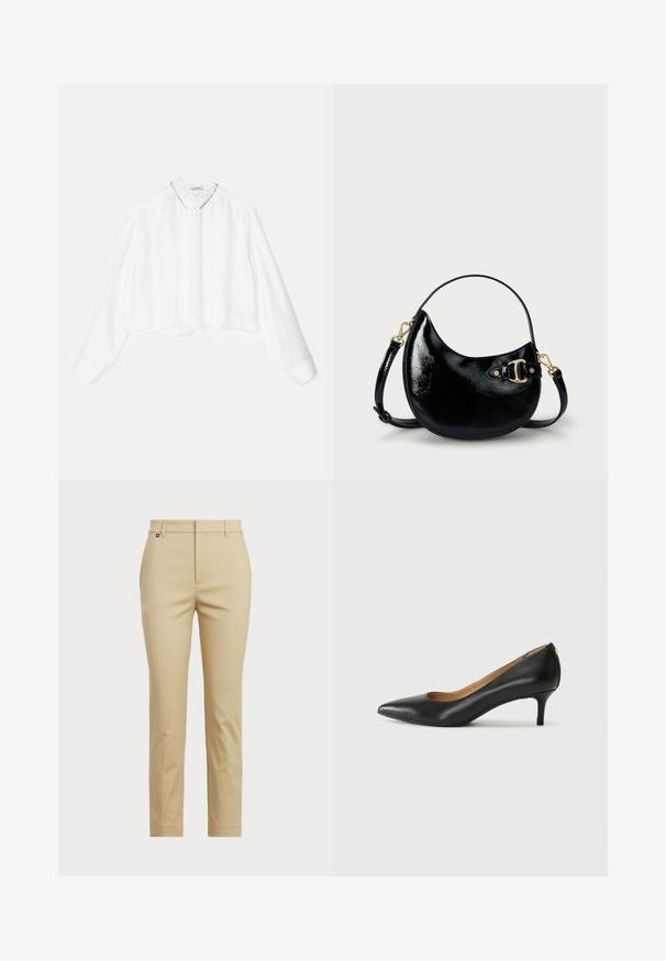 sandro ANGELINE - Bluse - ecru; Beige bukser med rett ben-design. Laget av glatt stoff, med standard midjebånd og subtile sidesømmer.; Sorte lærpumpe med spiss tå, lav hæl og en glatt tekstur. Har en liten åpning foran og minimalt med beslag bak.; Svart patentlærveske med buet form, justerbar stropp og detalj i gulltone på siden. Glatt, blank tekstur.