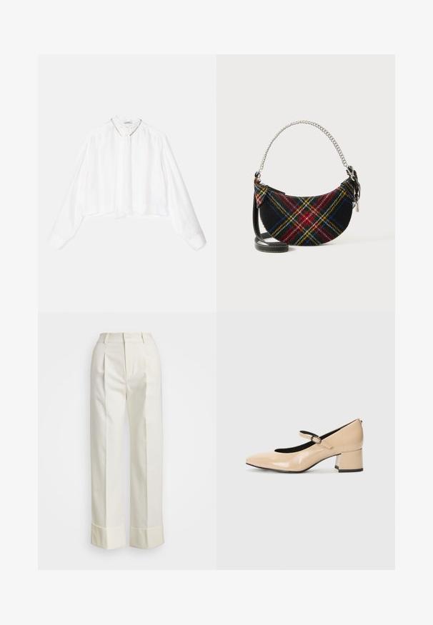 sandro ANGELINE - Bluse - ecru; Weiße maßgeschneiderte Hose mit hoher Taille, doppelten Vorderfalten und weiten Beinen mit umgeschlagenen Säumen. Hergestellt aus einem glatten, strukturierten Stoff.; Beige Lackleder Mary Jane Schuhe mit einer angedeuteten Zehenpartie, einem Schnallenriegel und einem Mid-Height Blockabsatz. Glatte Textur mit glänzender Oberfläche.; Handtasche aus einem Wollgemisch im Karomuster, mit einer Halbmondform, silbernem Kettenhenkel und einem abnehmbaren schwarzen Ledertrageriemen.