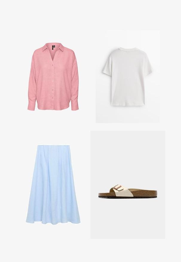 Vero Moda VMMELANEY - Blus - coral blush; Vit bomulls-T-shirt med korta ärmar, rund halsringning och slät textur. Baksidan är enfärgad utan några extra mönster eller design.; En ljusblå, knälång A-linjeformad kjol i linne, med veck och en slät textur utan mönster eller dekorationer.; Mjuk sandal med en lätt metallisk ovandel, korkfotbädd och texturerad brun gummisula. Spännardetalj med logotypaccent.