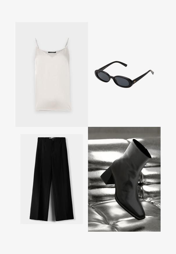 Camisola di satin bianco con sottili spalline regolabili, scollatura a onde e una texture liscia. Design semplice, adatta per essere indossata a strati.; Pantaloni neri a gamba larga realizzati in tessuto leggero, caratterizzati da una chiusura frontale con bottone e frontale piatto, con orli cuciti con precisione.; Stivale alla caviglia nero realizzato in materiale lucido con punta quadrata e tacco affusolato, posizionato su uno sfondo argentato lucido con imbottiture a sfera.; Occhiali da sole neri oversize con lenti ovali, montatura in plastica liscia e accenti dorati sulle tempie. Le lenti scure offrono protezione dal sole.