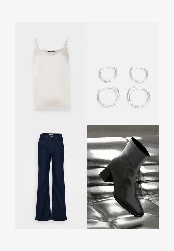 White satin camisole with thin adjustable straps, scalloped neckline, and a smooth texture. Simple design, suitable for layering.; ONLY Tall ONLJUICY WIDE RINSE - Wide Leg - dark blue denim; Black ankle boot made of glossy material with a square toe and tapered heel, set against a shiny silver tufted background.; Silver hoop earrings, featuring a smooth, polished finish. Two pairs with a slightly different size. Simple, circular design, lightweight.