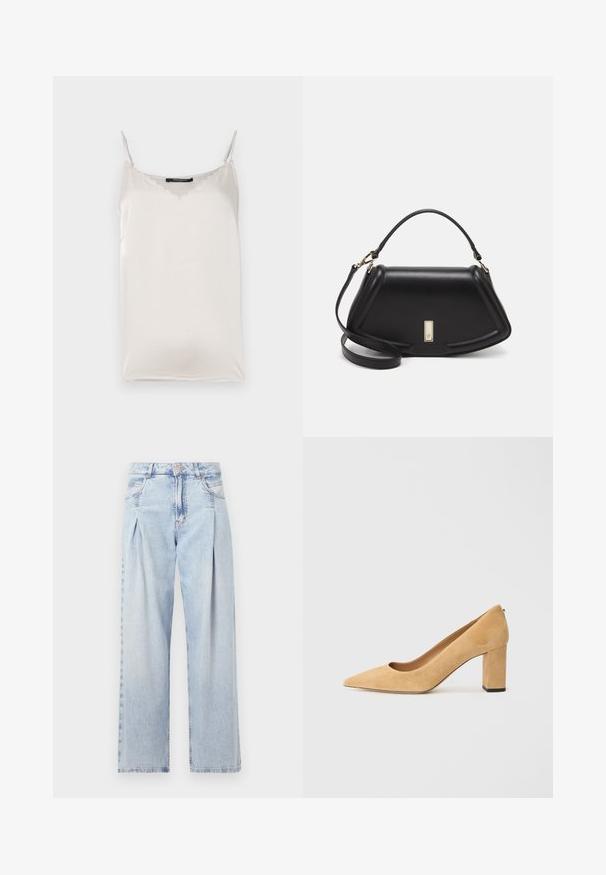 Camiseta de satén blanca con tirantes finos ajustables, escote con volante y una textura suave. Diseño simple, adecuado para superponer.; Jeans de mezclilla azul claros con cintura alta, corte de pierna ancha, dos bolsillos laterales y un diseño plisado. Textura suave con un acabado deslavado.; Zapato de tacón alto de ante beige con punta fina y tacón cuadrado grueso. El material tiene una textura suave con un acabado liso.; Bolso de mano de cuero negro con un diseño estructurado, que presenta una forma recortada, asa superior y acentos en dorado. Correa de hombro ajustable incluida.