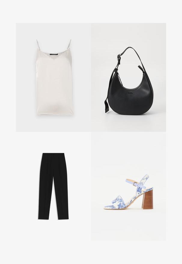 Weiße Satin-Camisole mit dünnen, verstellbaren Trägern, gewelltem Ausschnitt und glatter Textur. Einfaches Design, geeignet zum Layering.; Schwarze Hose mit geradem Schnitt, doppelten Falten, einer glatten Textur und einem klassischen Bunddesign. Keine sichtbaren Beschläge oder Akzente.; Blaue sandaletten mit Blumenmuster, quadratischer Zehenpartie, breitem Riemen und verstellbarem Knöchelriemen, ausgestattet mit einem strukturierten Holzblockabsatz.; Schwarze Leder-Schultertasche mit einer geschwungenen Form, Reißverschluss und verstellbarem Tragegurt. Mit eingeprägtem Markenlogo auf der Vorderseite.