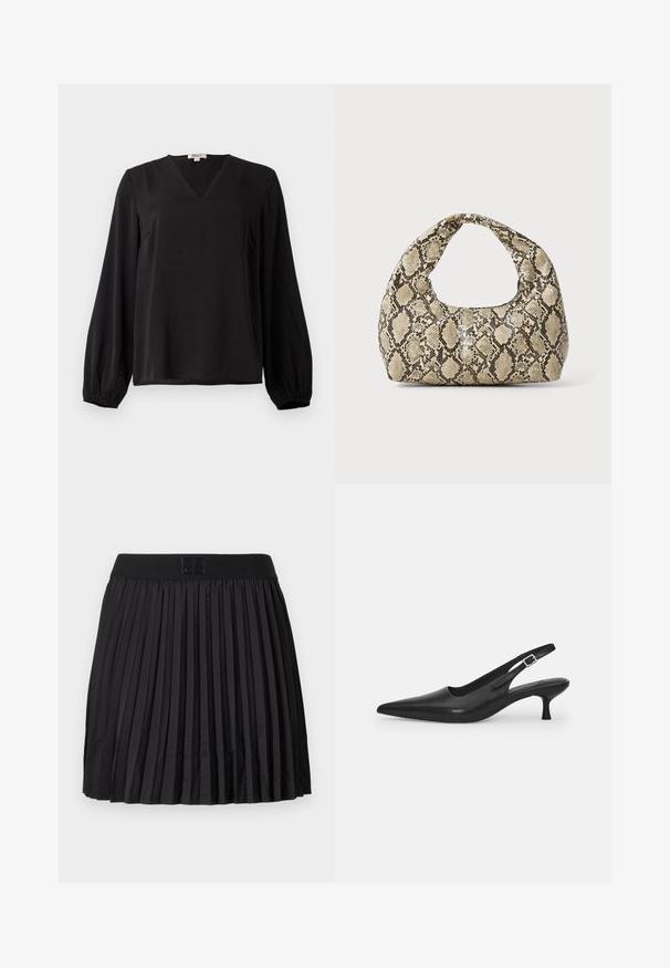 Musta pitkähihainen pusero, jossa on V-pääntie ja elastiset hihat, valmistettu sileästä kankaasta, esillä yksinkertaisella valkoisella taustalla.; Mustat laskostetut hameet, joissa on sileä pinta, kiinteä musta vyötärö ja kohokuvioitu logo edessä.; Mustan nahkainen slingback-kengät, joissa on terävä nenä ja kapea, kaareva korko. Varustettu huomaamattomalla säädettävällä hihnalla, jossa on metallinen solki.; Käärmeennahkakuosiset käsilaukku, jossa on kaareva kahva. Tehty teksturoiduista beigeistä ja ruskeista materiaaleista, joissa on erottuva timanttikuvio.