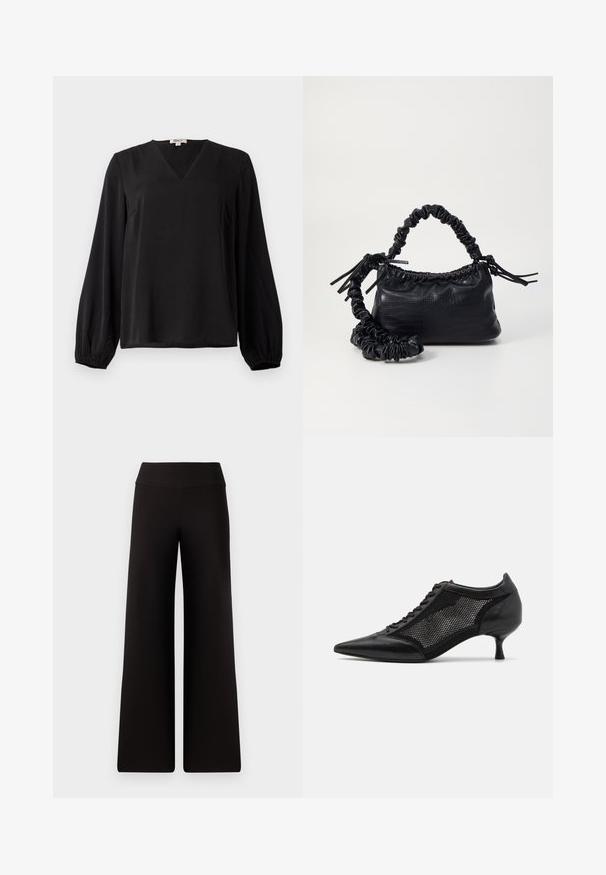 Fekete, hosszú ujjú blúz V-nyakkal és rugalmas mandzsettákkal, sima anyagból, egy sima fehér háttér előtt bemutatva.; Fekete, bő szárú nadrág sima derékkal, puha anyagból készült. Laza fazonú, minimális varrási részletekkel rendelkezik.; Fekete, hegyes orrú cipő, hálós panel tervezéssel, alacsony sarokkal és fűzős elülső résszel. Bőrből és hálós anyagból készült.; Fekete műbőr kézi táska krokodil bőr textúrával, összehúzható tetejű és gyűrt pánttal. Lágy és kompakt dizájnúnak tűnik.