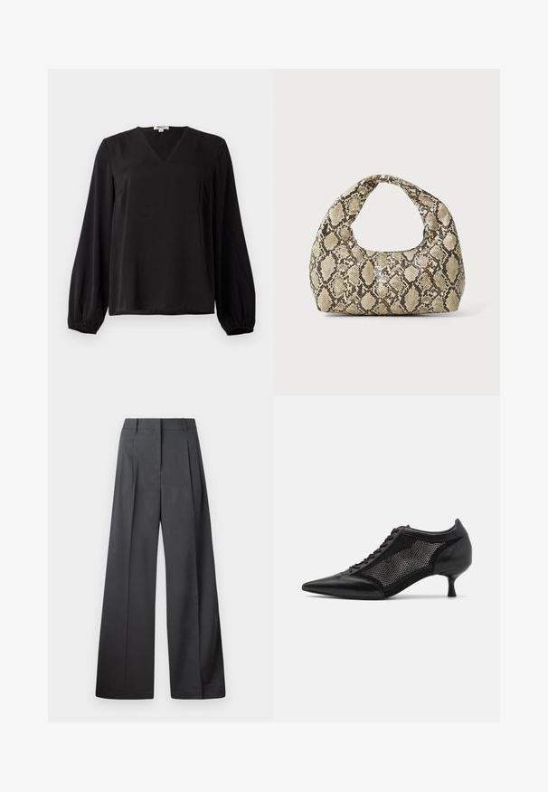 Svart langermet bluse med V-hals og elastiske mansjetter, laget av glatt stoff, vist på en enkel hvit bakgrunn.; Vide bukser i mørkegrått stoff med høy livlinje, enkel press, og en glatt tekstur med en ren finish på ermekantene.; Svart spiss tå-sko med meshpaneldesign, med lav hæl og snøring foran. Laget av en kombinasjon av lær og meshmateriale.; Veske med slangeskinnmønster og krummet håndtak. Laget av teksturerte, beige og brune materialer, med et særegent diamantmønster.