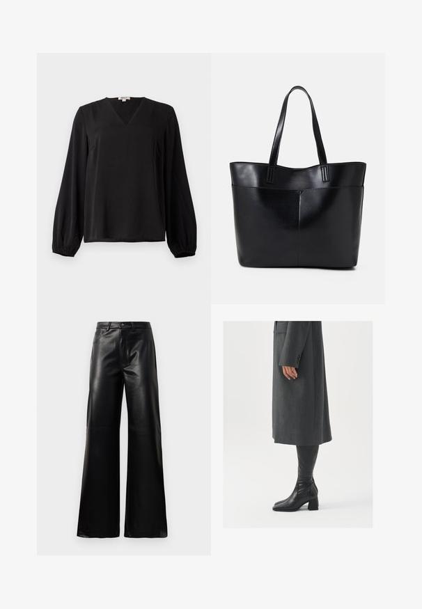 Musta pitkähihainen pusero, jossa on V-pääntie ja elastiset hihat, valmistettu sileästä kankaasta, esillä yksinkertaisella valkoisella taustalla.; Mustat korkeat leveät keinonahkahousut, joissa on etupainike, vetoketjukiinnitys, vyölenkit ja sivutaskut valkoista taustaa vasten.; Harmaa, muotoiltu pitkätakki suoran leikkauksen kanssa; yhdistetty polven yli yltäviin mustiin nahkasaappaisiin, joissa on neliön muotoinen kärki ja paksu kanta.; Musta nahkainen kassi, jossa on kaksi pitkää kahvaa, sileä pinta ja jämäkkä muoto. Sisältää etutaskun lisävarastointia varten.