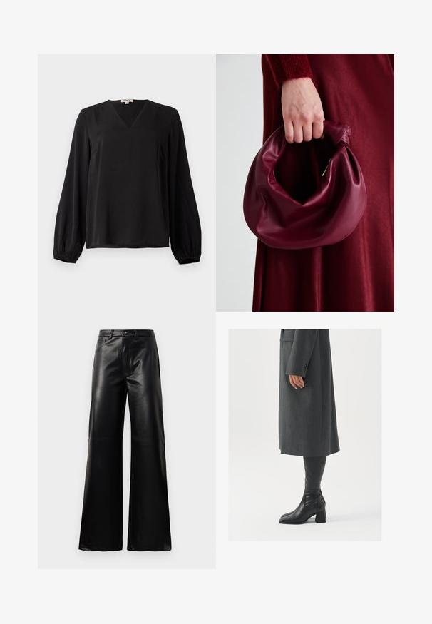 Sort langærmet bluse med V-udskæring og elastiske manchetter, lavet af glat materiale, præsenteret på en simpel hvid baggrund.; Sorte high-waisted bukser i bred ben i imiteret læder med forreste knap, lynlås, bæltestropper og sidelommer på hvid baggrund.; Grå, skræddersyet frakke med lige snit; parret med knæhøje sorte læderstøvler med firkantet tå og kraftig hæl.; Bordeaux læderhåndtaske med et blødt, samlet design og en rund form. Håndtaget er sikret og viser en glat tekstur.