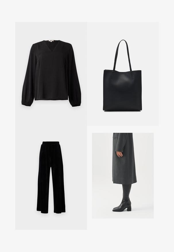 Schwarze Bluse mit langen Ärmeln, V-Ausschnitt und elastischen Bündchen, aus glattem Stoff, auf einem schlichten weißen Hintergrund präsentiert.; Schwarze weit geschnittene Hose aus weichem Samt, mit einem elastischen Bund und einer glatten Textur, ohne sichtbare Details oder Muster.; Grau, maßgeschneiderter Überwurf mit geradem Schnitt; kombiniert mit knöchelhohen, schwarzen Lederstiefeln mit quadrater Zehenform und klobigem Absatz.; Schwarze Laptoptasche aus Leder mit glatter Textur, rechteckiger Form und zwei langen Griffen. Keine sichtbaren Beschläge oder Verzierungen.
